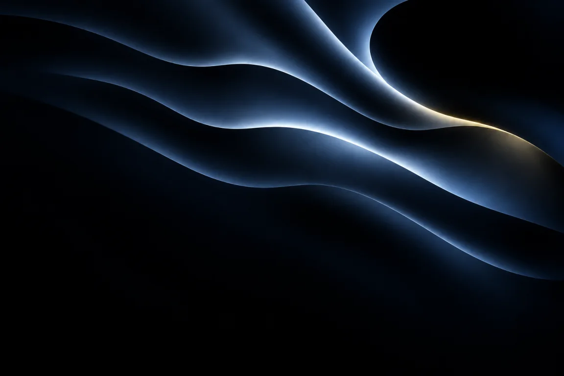 Layered black forms traced by silver and gold light.