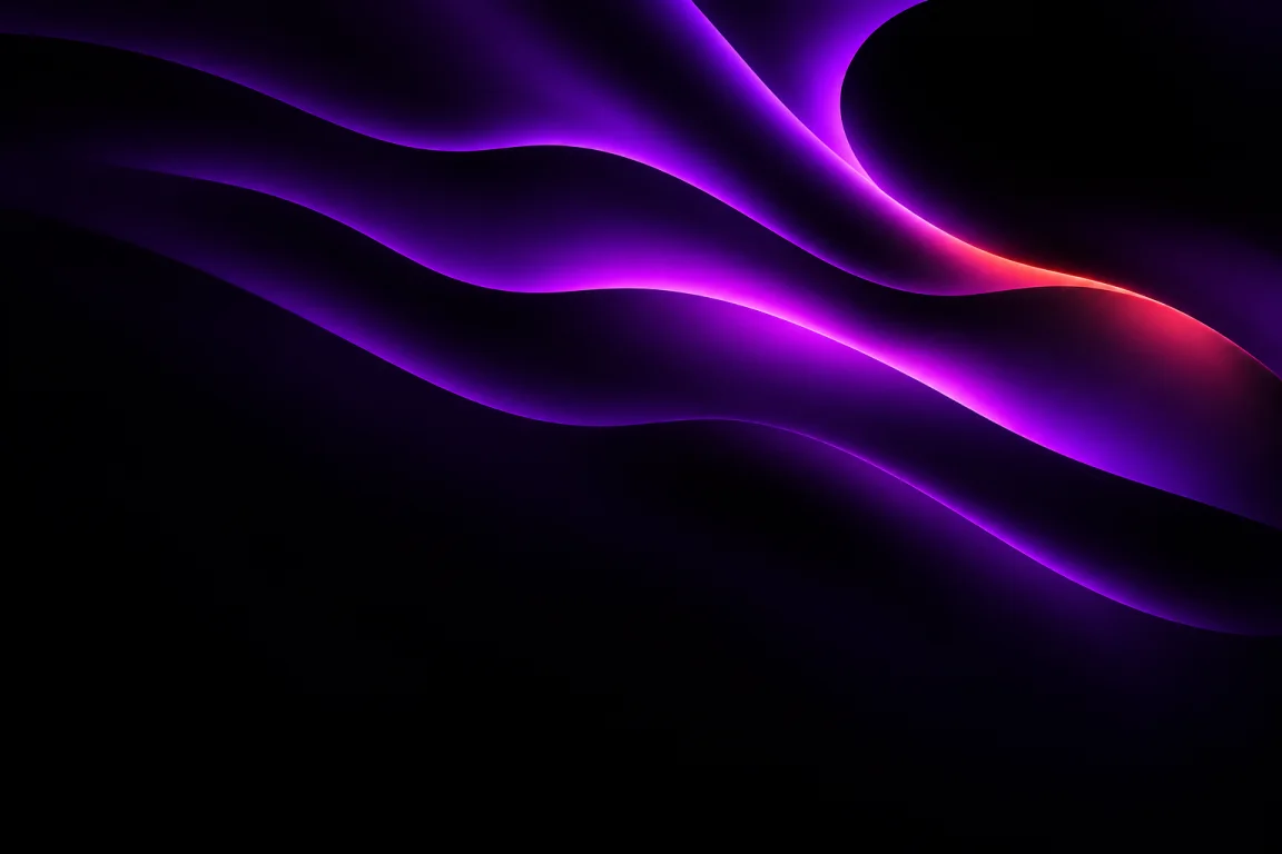 Layered black forms traced by violet and coral light.