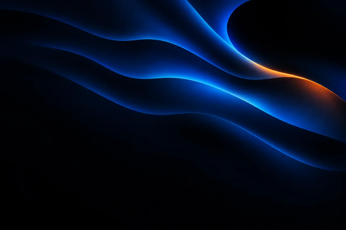 Layered black forms traced by blue and amber light.