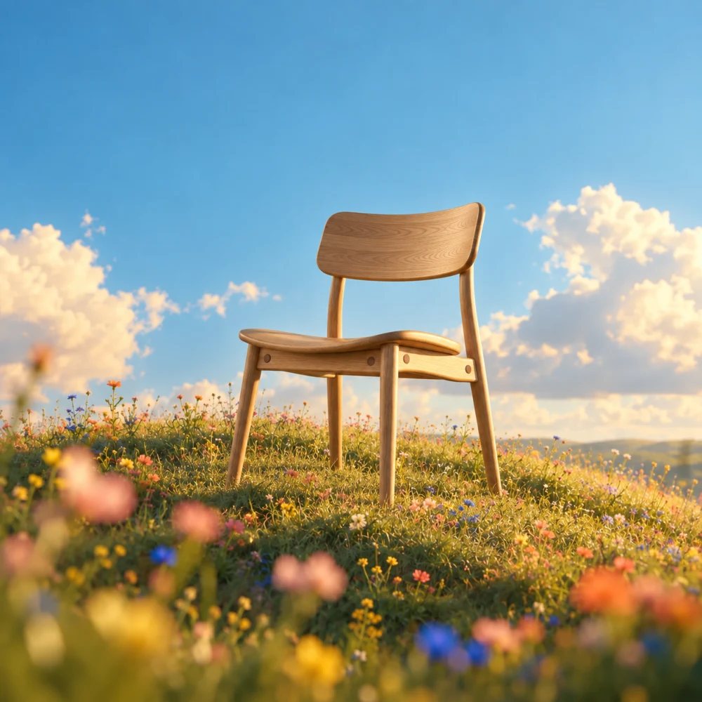 Honey-oak chair on a flowered hill beneath a bright blue sky
